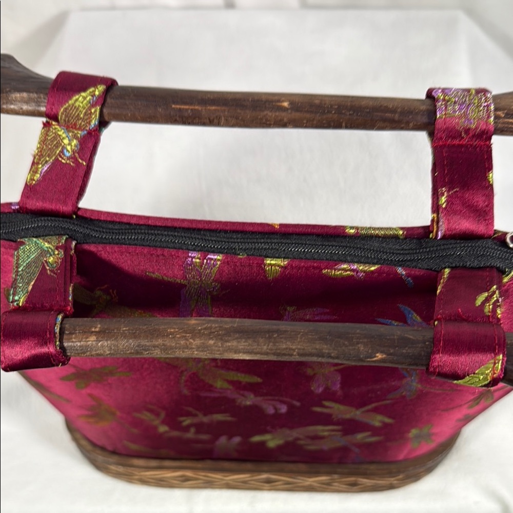 Vintage Avara Style Asian Dragonfly Satin and Wood Purse - Picture 6 of 6